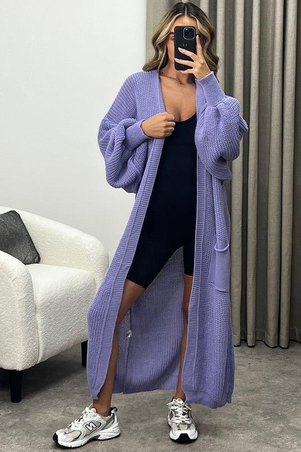 Lasula Rudy Lilac Balloon Sleeve Maxi Knitted Cardigan