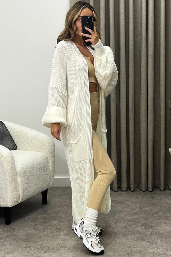 Lasula Rudy White Balloon Sleeve Maxi Knitted Cardigan