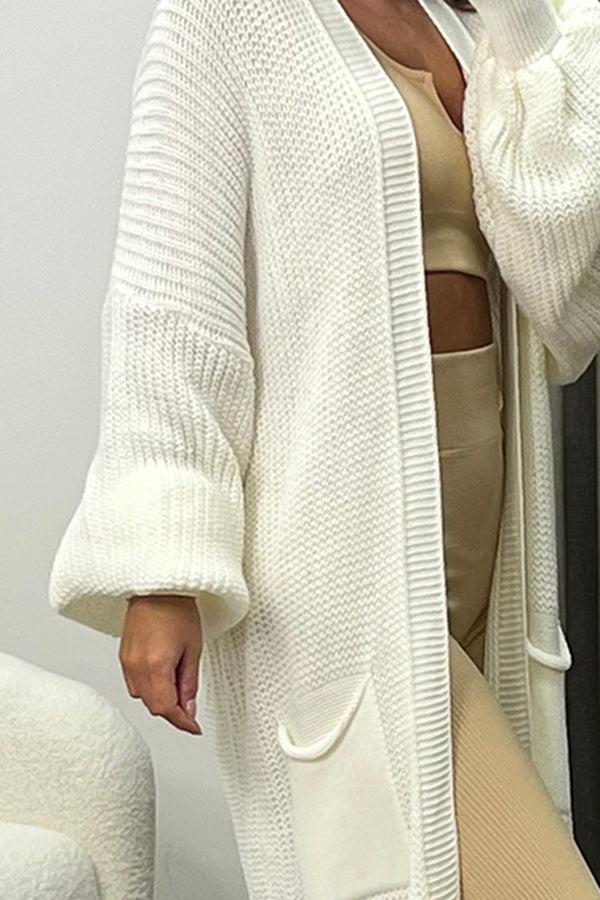 Lasula Rudy White Balloon Sleeve Maxi Knitted Cardigan