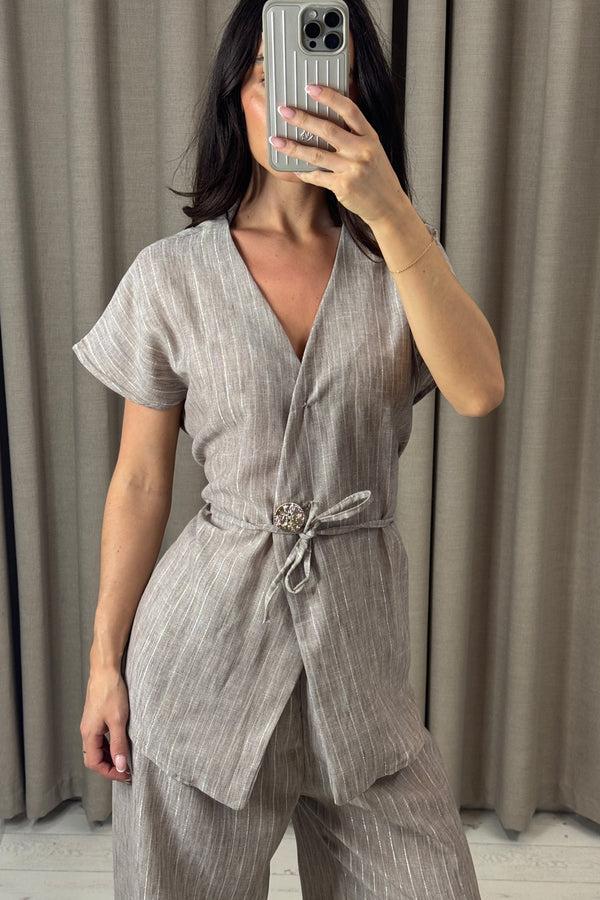 Lasula Sady Beige Stripe Gold Button Waistcoat And Wide Leg Trousers Co-Ord Set