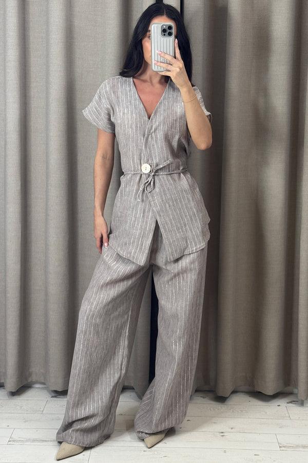Lasula Sady Beige Stripe Gold Button Waistcoat And Wide Leg Trousers Co-Ord Set