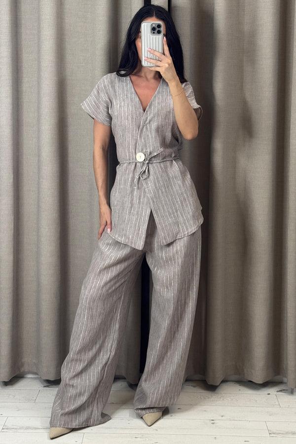 lasula Sady Beige Stripe Gold Button Waistcoat and Wide Leg Trousers Co-Ord Set