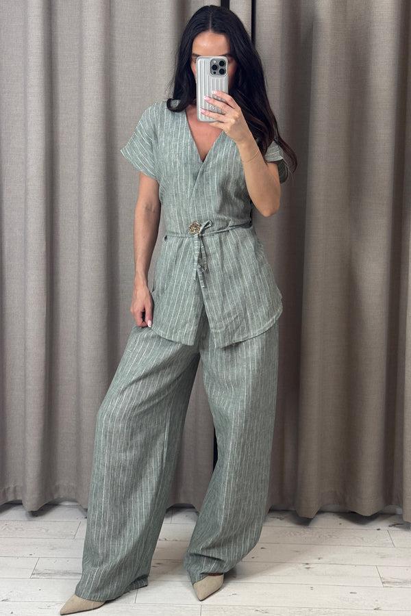 Lasula Sady Green Stripe Gold Button Waistcoat And Wide Leg Trousers Co-Ord Set