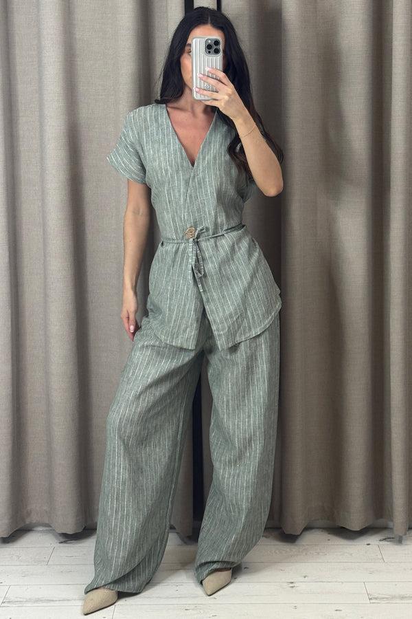 lasula Sady Green Stripe Gold Button Waistcoat and Wide Leg Trousers Co-Ord Set