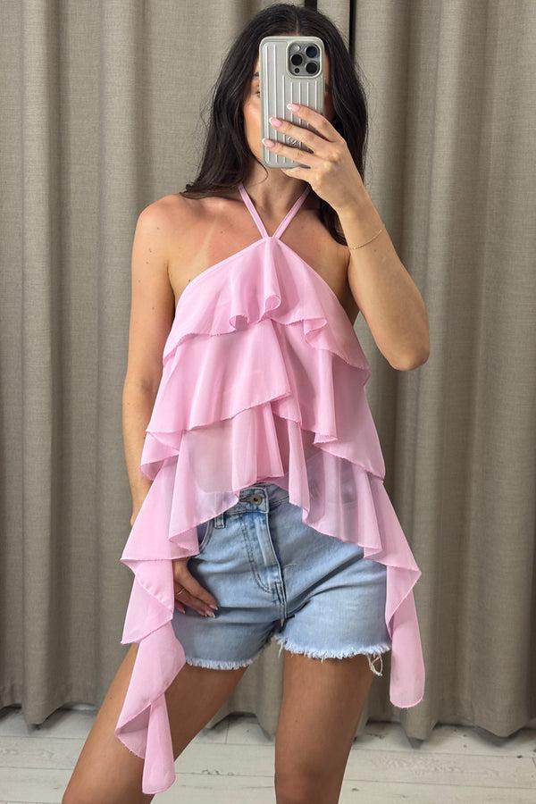 Lasula Saffie Baby Pink Chiffon Ruffle Drape Halterneck Top