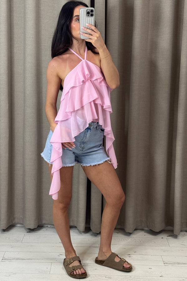 Lasula Saffie Baby Pink Chiffon Ruffle Drape Halterneck Top
