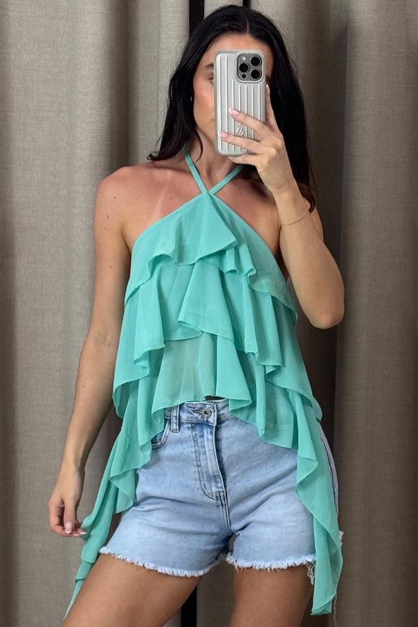 lasula Saffie Mint Green Chiffon Ruffle Drape Halterneck Top