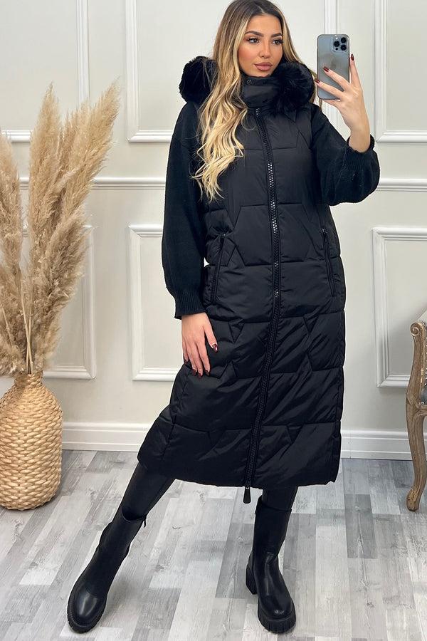 Lasula Scarlett Black Faux Fur Trim Hooded Padded Longline Gilet