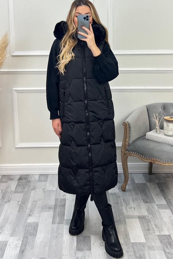 Lasula Scarlett Black Faux Fur Trim Hooded Padded Longline Gilet