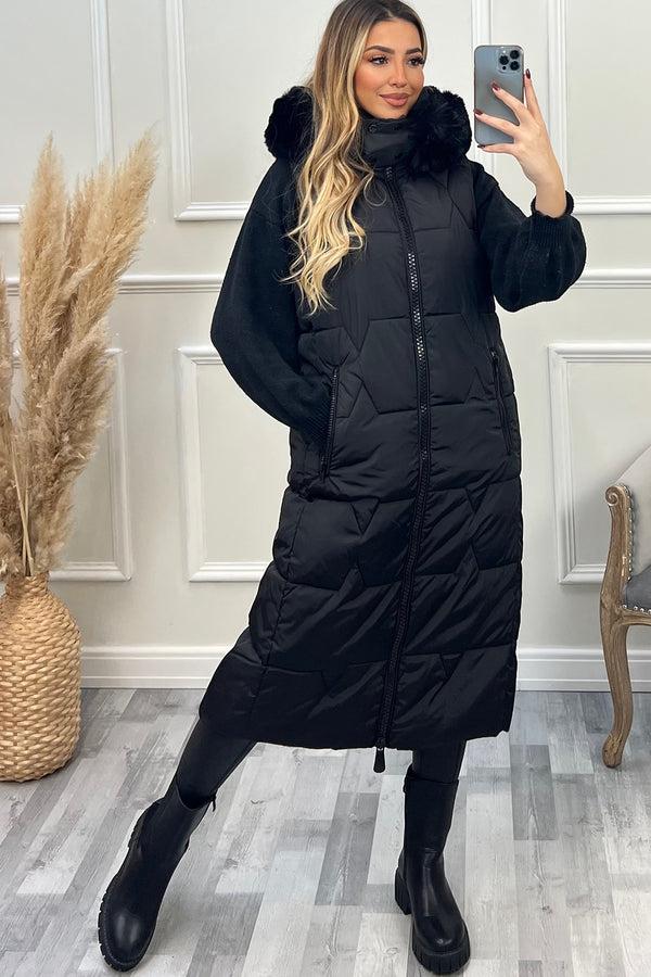 Lasula Scarlett Black Faux Fur Trim Hooded Padded Longline Gilet