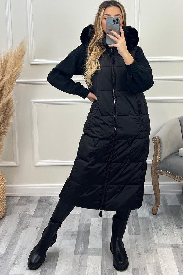 lasula Scarlett Black Faux Fur Trim Hooded Padded Longline Gilet