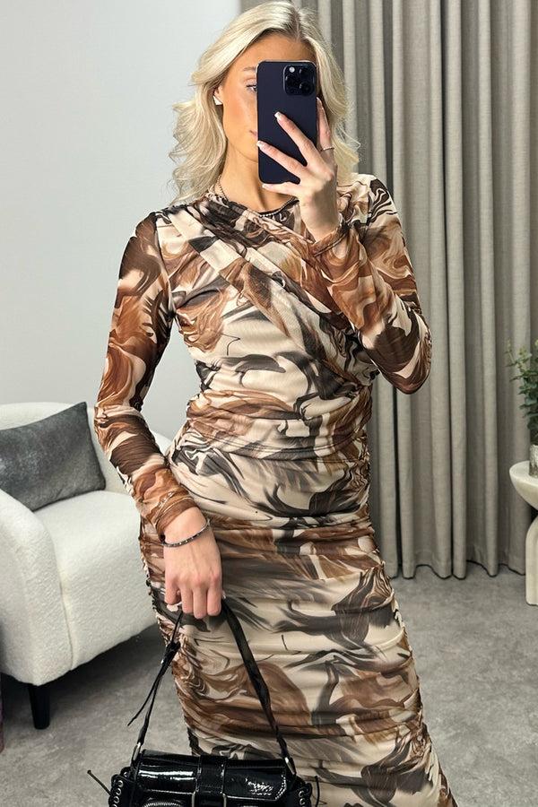 Lasula Sima Beige Marble Print Mesh Ruched Top And Midi Skirt Co-Ord Set