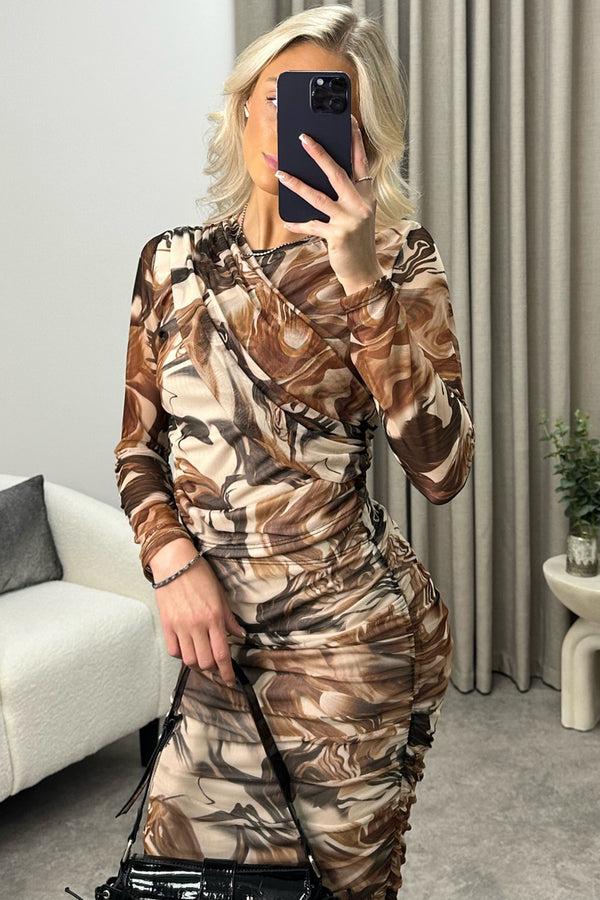 Lasula Sima Beige Marble Print Mesh Ruched Top And Midi Skirt Co-Ord Set