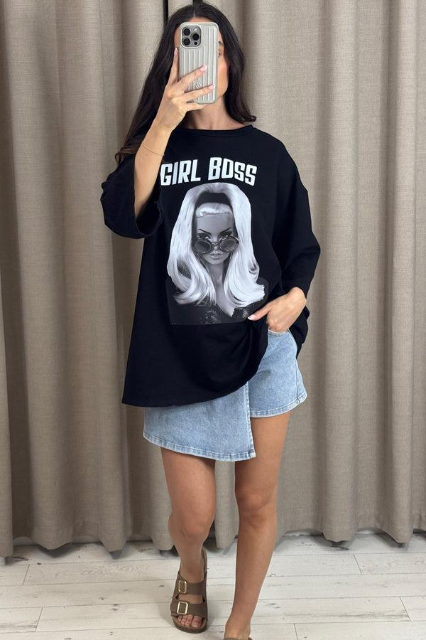 Lasula Sonja Black Girl Boss Graphic Printed Oversized T-Shirt