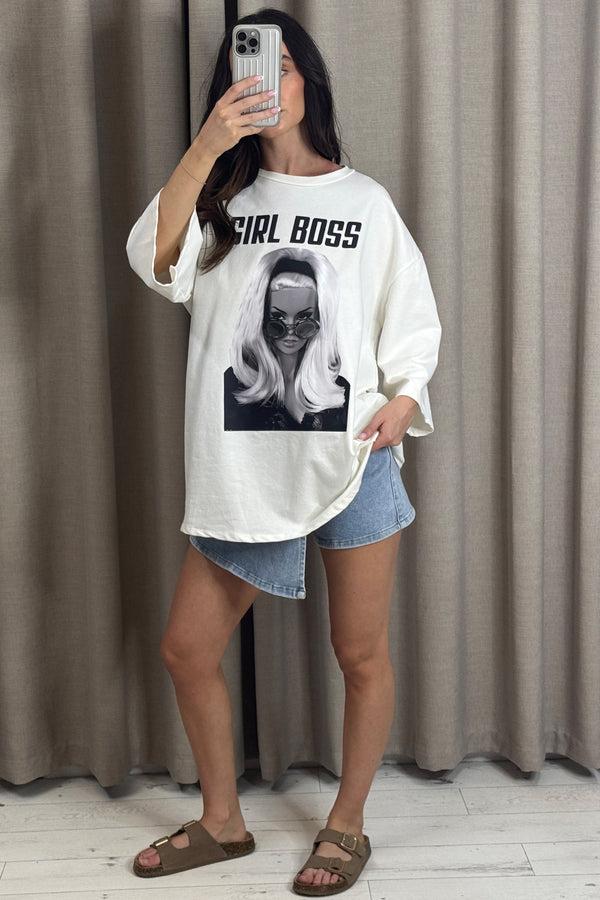 lasula Sonja Cream Girl Boss Graphic Printed Oversized T-Shirt