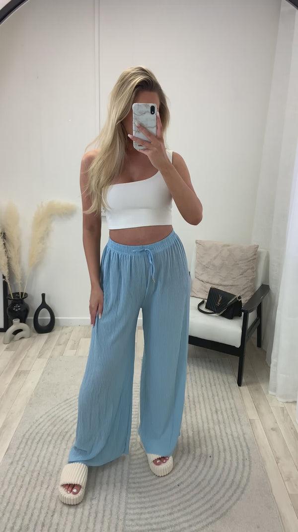 Lasula Tanya Baby Blue Plisse High Waisted Drawstring Wide Leg Trousers