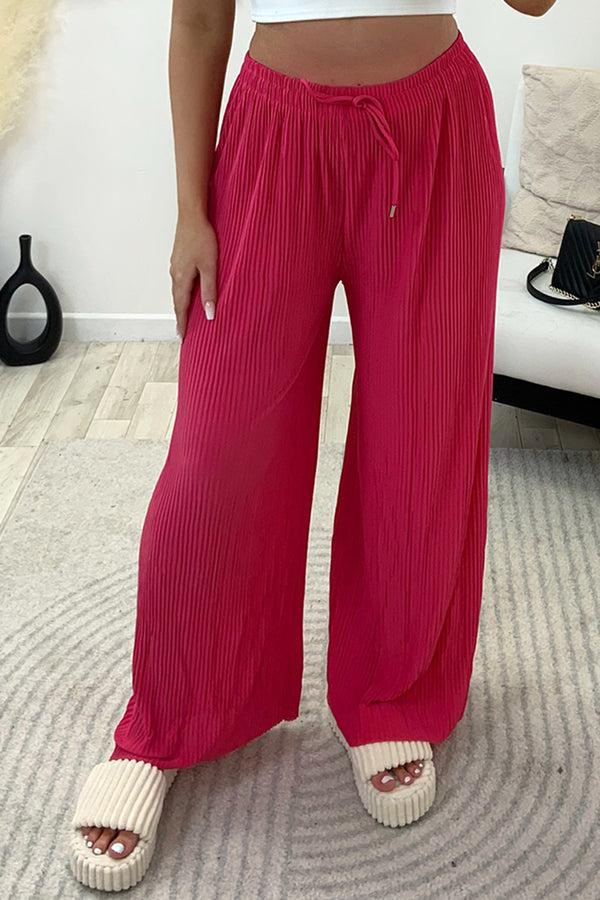 Lasula Tanya Hot Pink Plisse High Waisted Drawstring Wide Leg Trousers