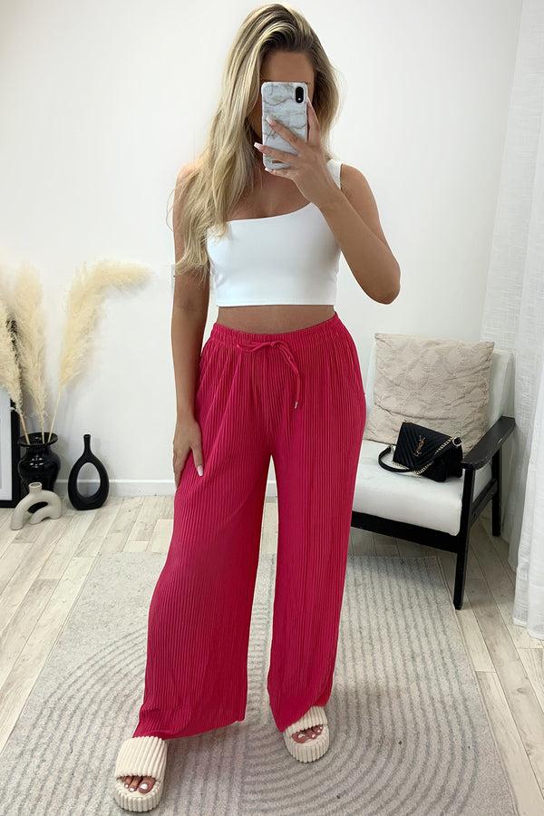 Lasula Tanya Hot Pink Plisse High Waisted Drawstring Wide Leg Trousers