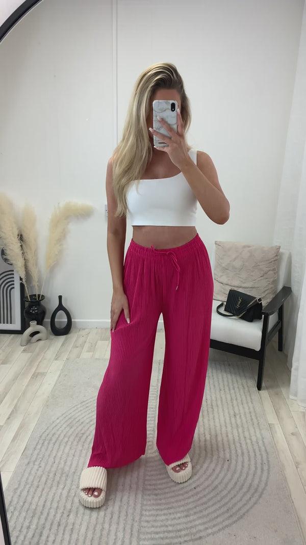 Lasula Tanya Hot Pink Plisse High Waisted Drawstring Wide Leg Trousers