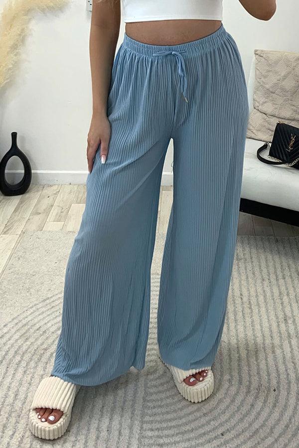Lasula Tanya Powder Blue Plisse High Waisted Drawstring Wide Leg Trousers