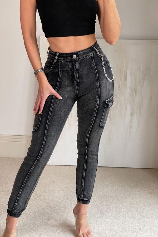Lasula Thea Grey Denim Chain Detail Skinny Cargo Trousers