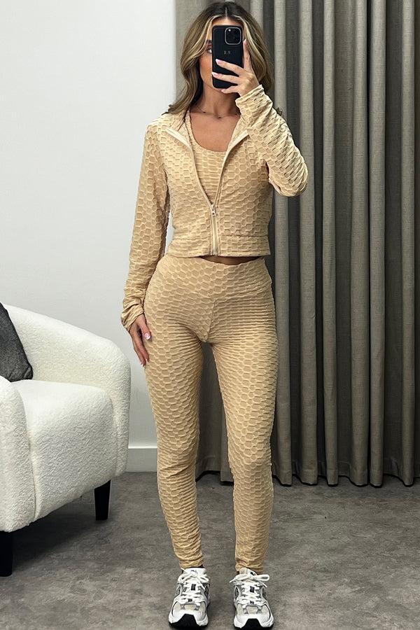 Lasula Tiana Beige Waffle Textured Zip Up 3 Piece Gym Set