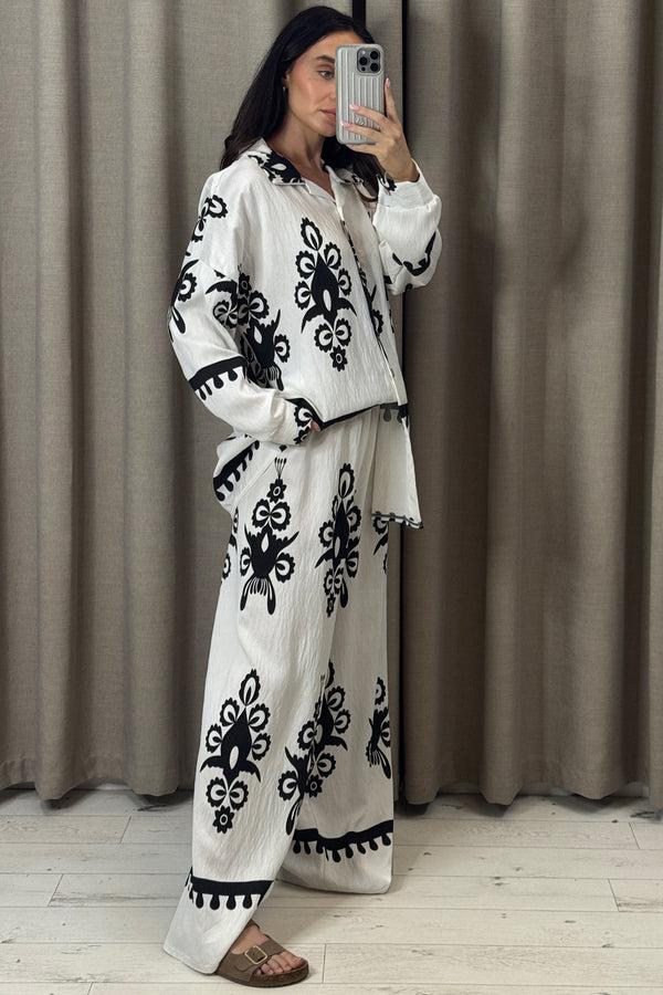 Lasula Tyler White Printed Oversized Shirt And Wide Leg Trousers Co-Ord Set