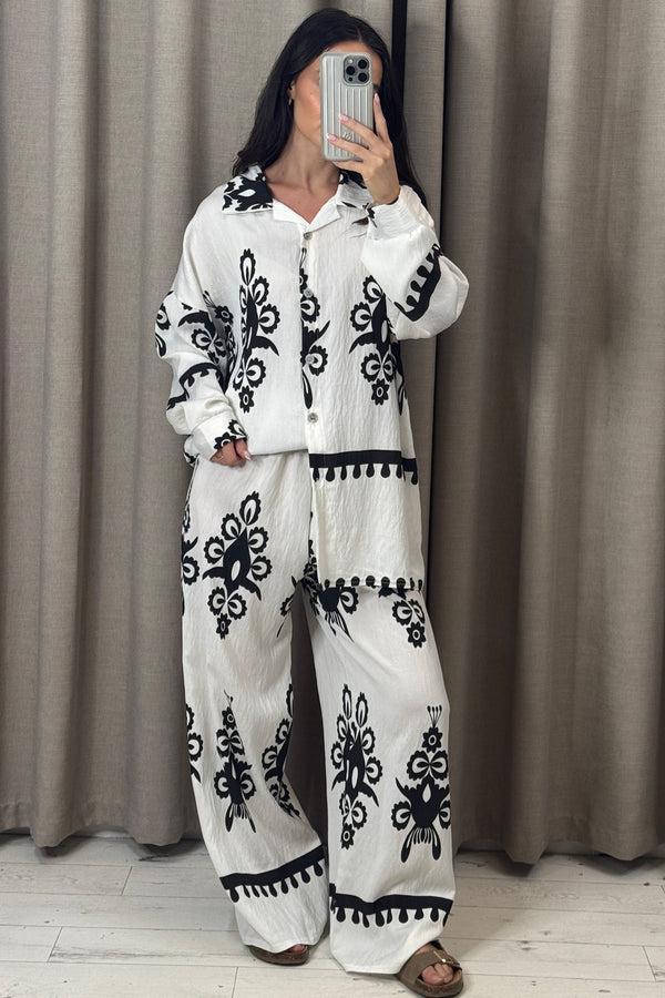 Lasula Tyler White Printed Oversized Shirt And Wide Leg Trousers Co-Ord Set