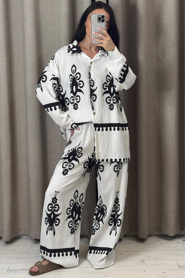 lasula Tyler White Printed Oversized Shirt and Wide Leg Trousers Co-Ord Set