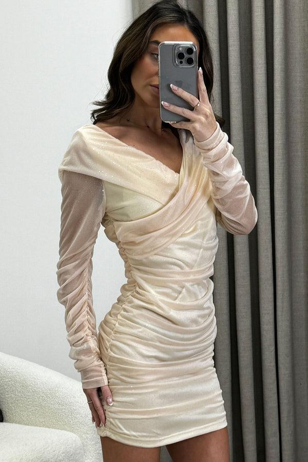 Lasula Vanna Beige Bardot Glitter Mesh Ruched Dress