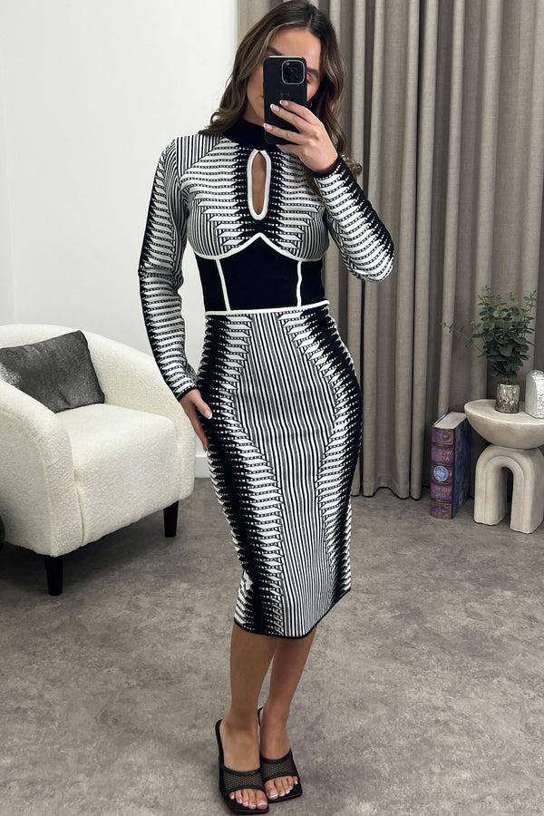Lasula Veronica Black And White Aztec Print Cut Out Knit Midi Dress