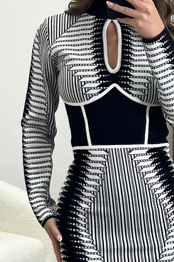Lasula Veronica Black And White Aztec Print Cut Out Knit Midi Dress