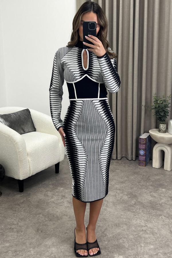 lasula Veronica Black and White Aztec Print Cut Out Knit Midi Dress