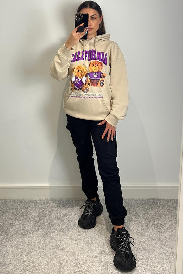 Lasula Whitney Beige Teddy Graphic Print Oversized Hoodie