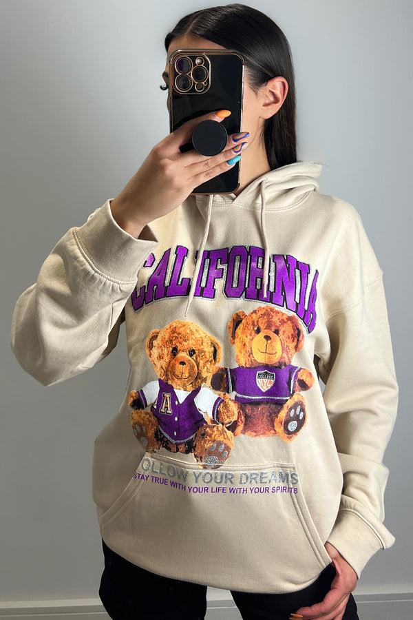 Lasula Whitney Beige Teddy Graphic Print Oversized Hoodie