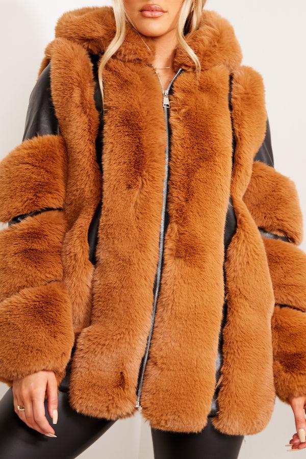 Lasula Yasmin Black And Camel Faux Fur PU Longline Coat