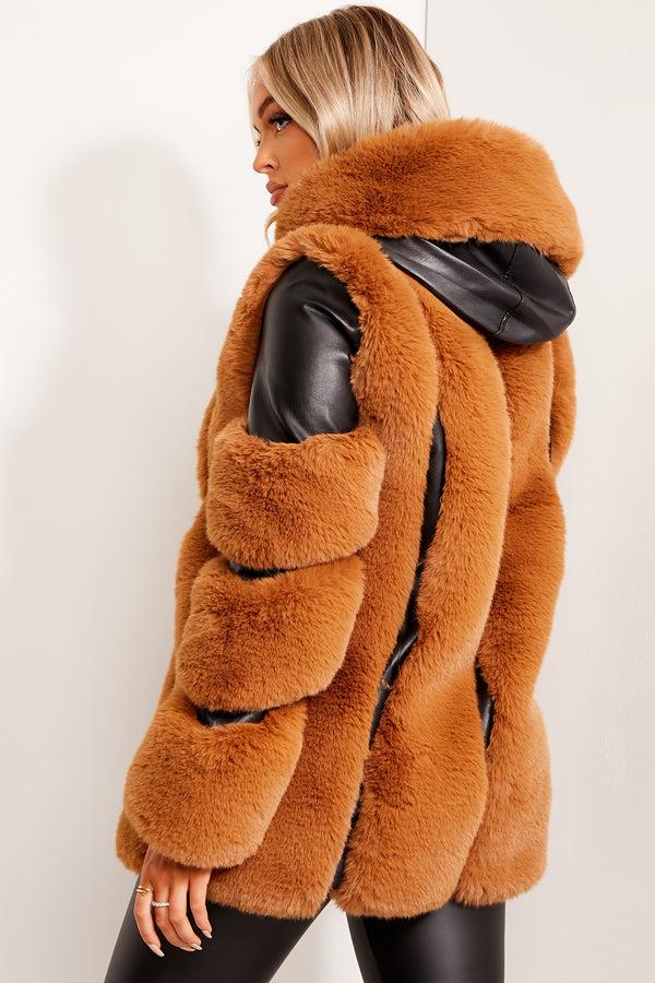 Lasula Yasmin Black And Camel Faux Fur PU Longline Coat