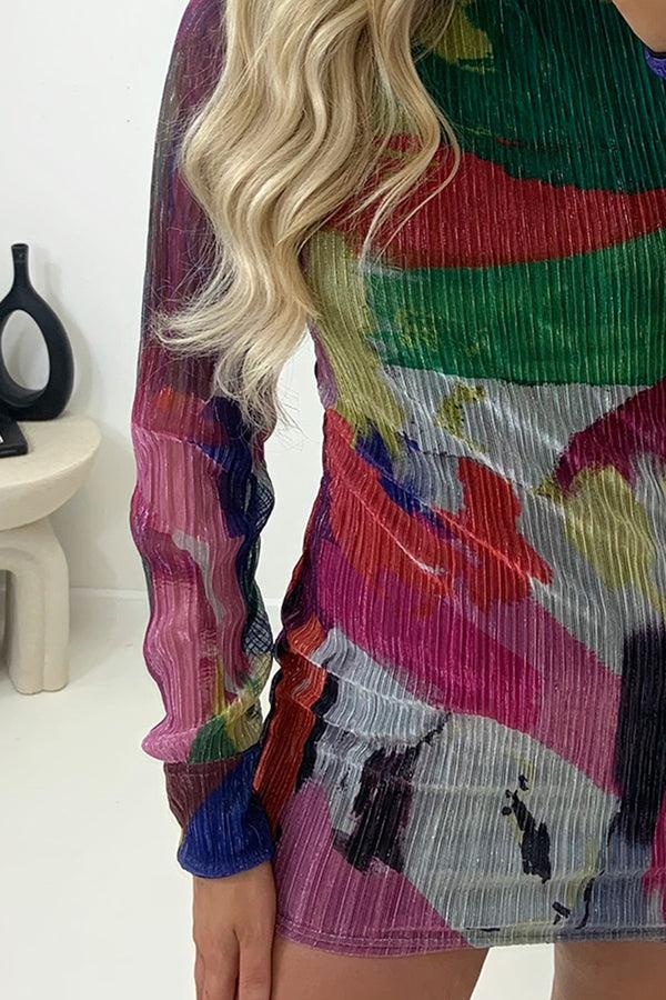 Lasula Zayna Multi Printed High Neck Plisse Mini Dress