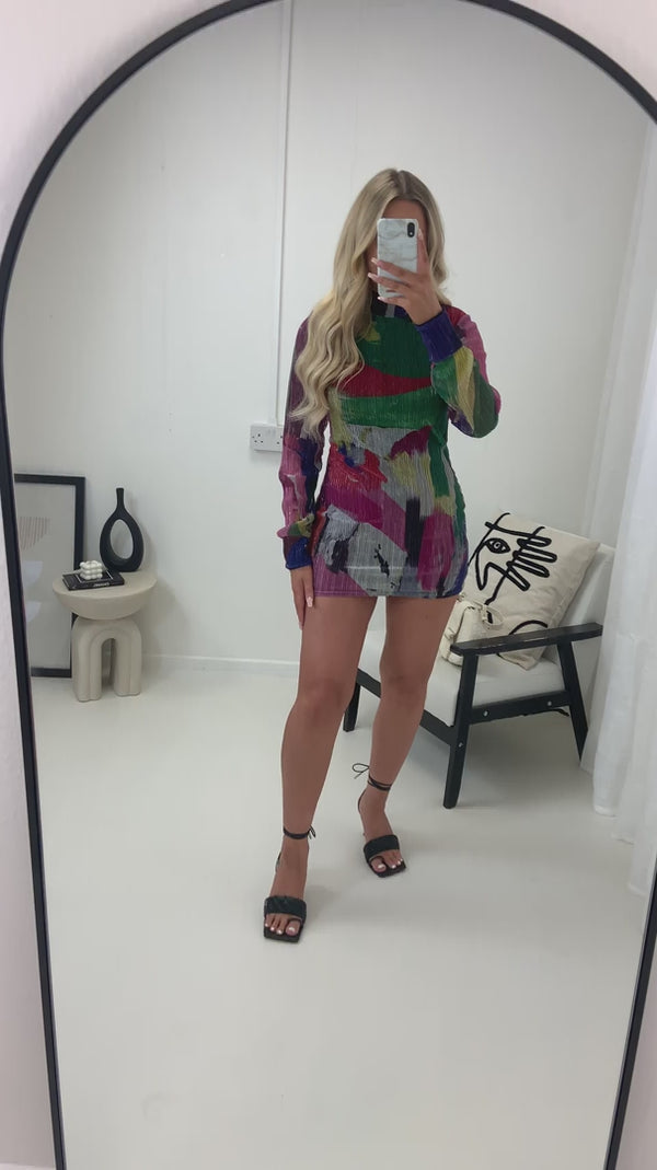 Lasula Zayna Multi Printed High Neck Plisse Mini Dress