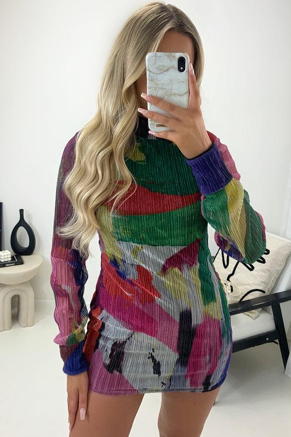 lasula Zayna Multi Printed High Neck Plisse Mini Dress