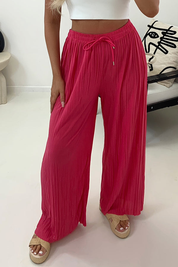 Lasula Zoelle Hot Pink Pleated Plisse High Waisted Wide Leg Trousers