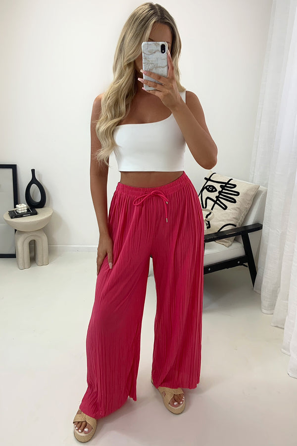 Lasula Zoelle Hot Pink Pleated Plisse High Waisted Wide Leg Trousers