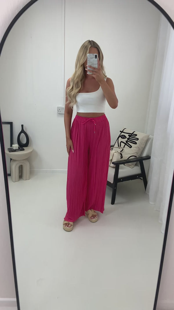 Lasula Zoelle Hot Pink Pleated Plisse High Waisted Wide Leg Trousers