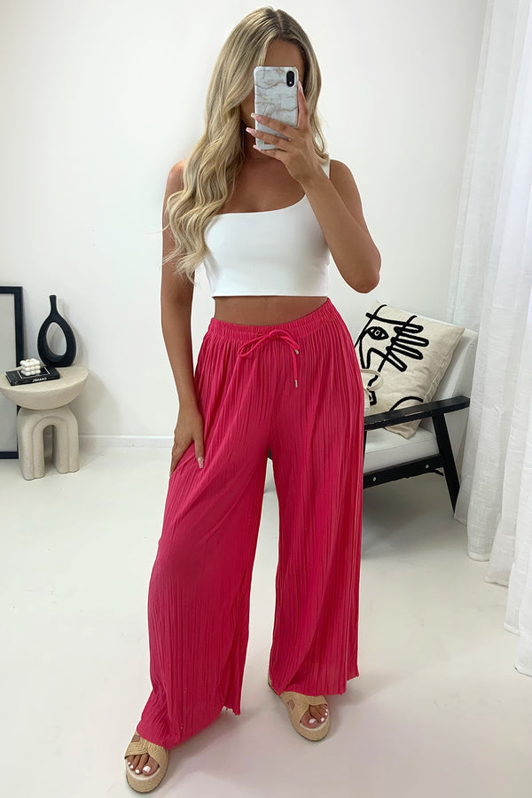 lasula Zoelle Hot Pink Pleated Plisse High Waisted Wide Leg Trousers