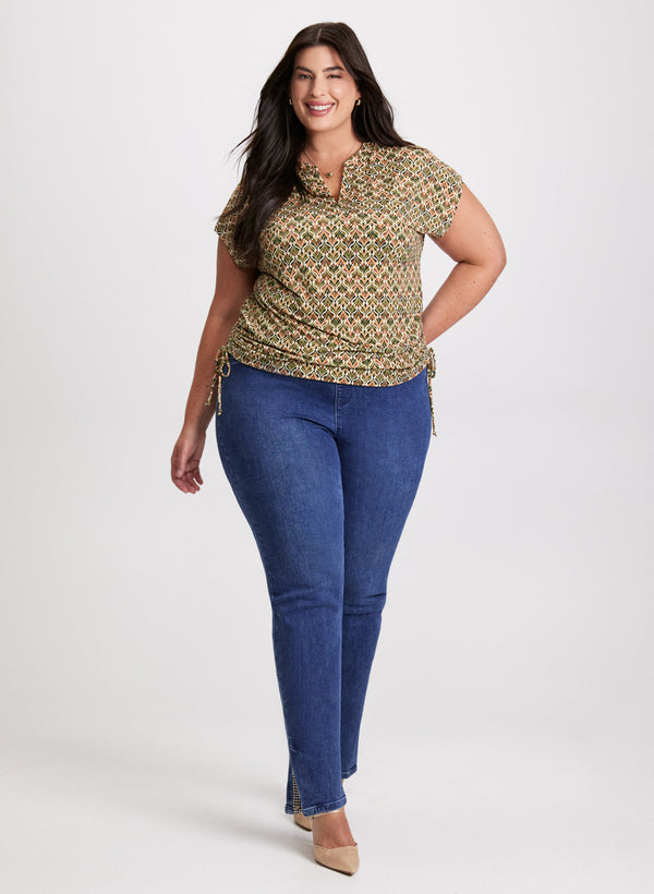 laura Abstract Print Top & Embellished Slit Hem Jeans