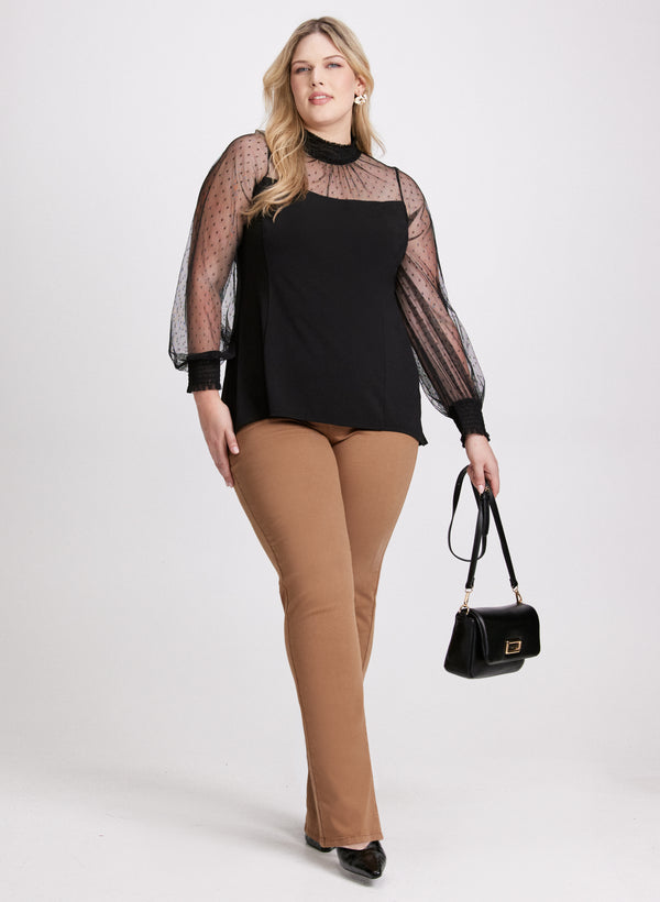 laura Dotted Mesh Mock Neck Top & Pull-On Straight Leg Jeans
