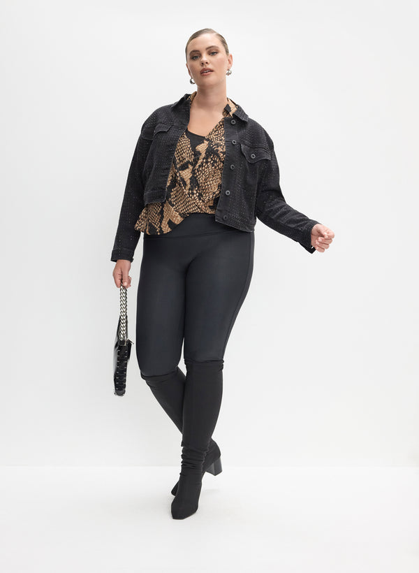 laura Embellished Cropped Denim Jacket & Vegan Leather Leggings