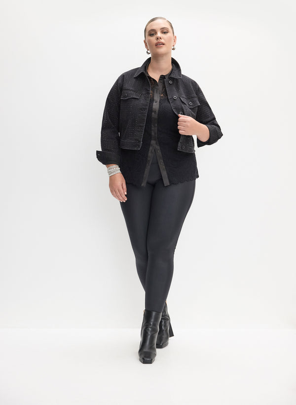 laura Embellished Denim Jacket Lace Shirt & Vegan Leather Leggings