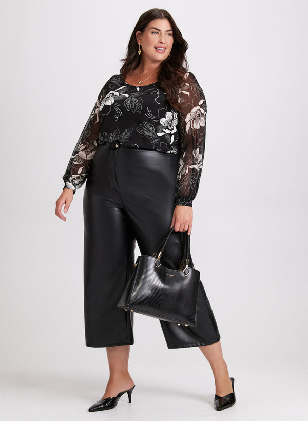 laura Floral Balloon Sleeve Top & Vegan Leather Wide-Leg Pants