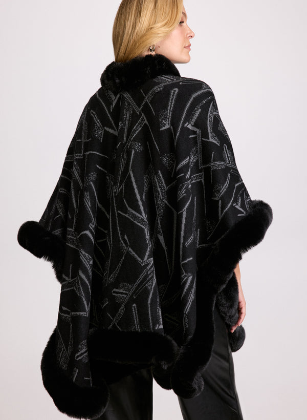 Laura Abstract Faux Fur Trim Poncho